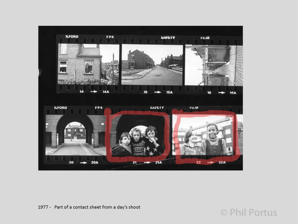 A black and white contact sheet displays multiple framed images arranged in rows.