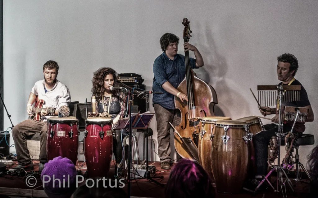 Four musicians perform on stage with percussion instruments, a bass, and other equipment.