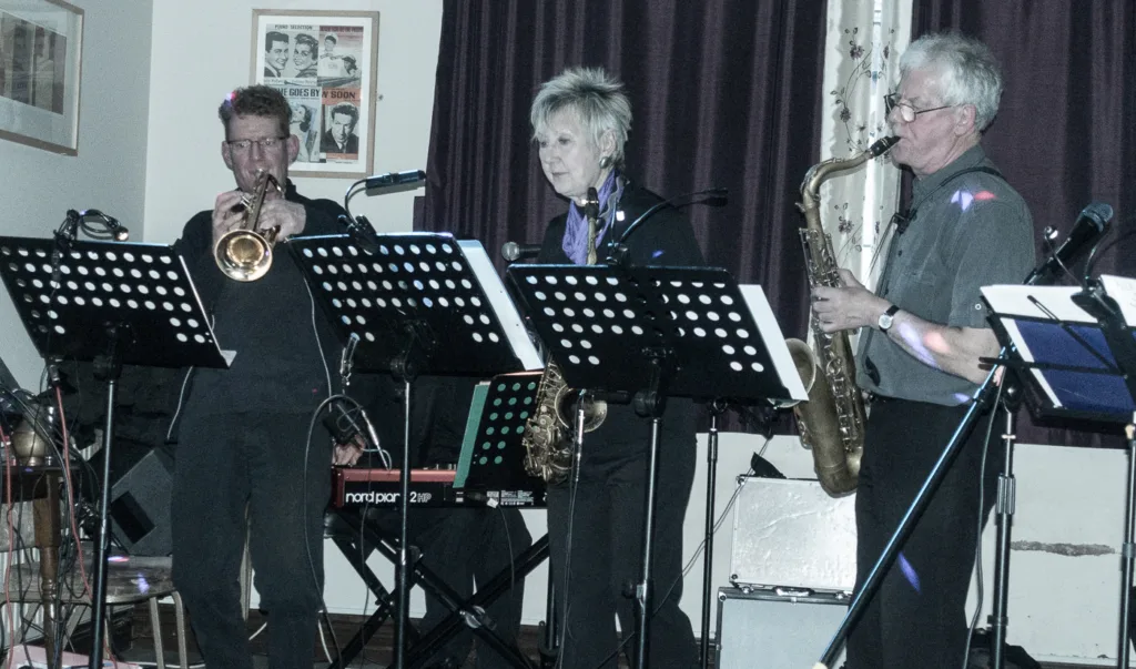 Three musicians perform on stage with music stands and instruments.