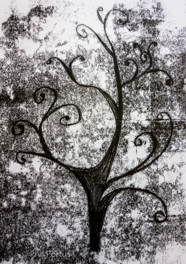 A black and white drawing shows a stylized tree with swirling branches against a textured background.