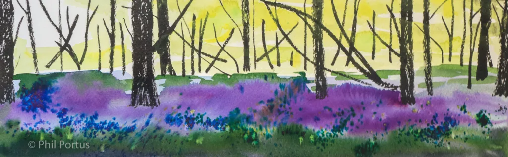 A watercolor painting shows a field of purple flowers bordered by dark trees and a yellow sky.