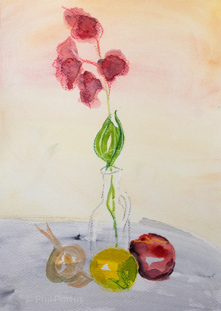 A watercolor painting shows a vase with flowers and three fruits on a table.