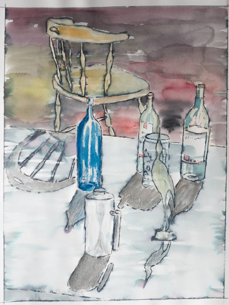 A watercolor painting shows a chair and several bottles on a wooden block with visible shadows.