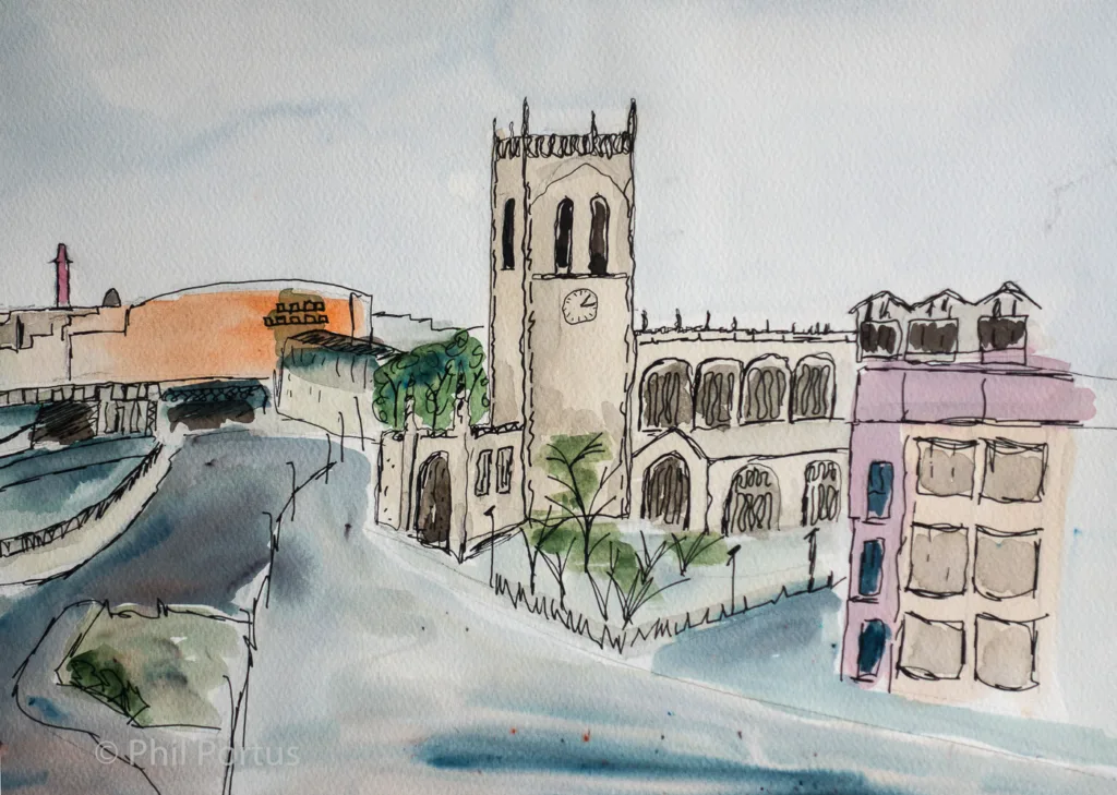 Watercolor painting shows buildings with a tall tower, rendered in loose lines and washes of color.