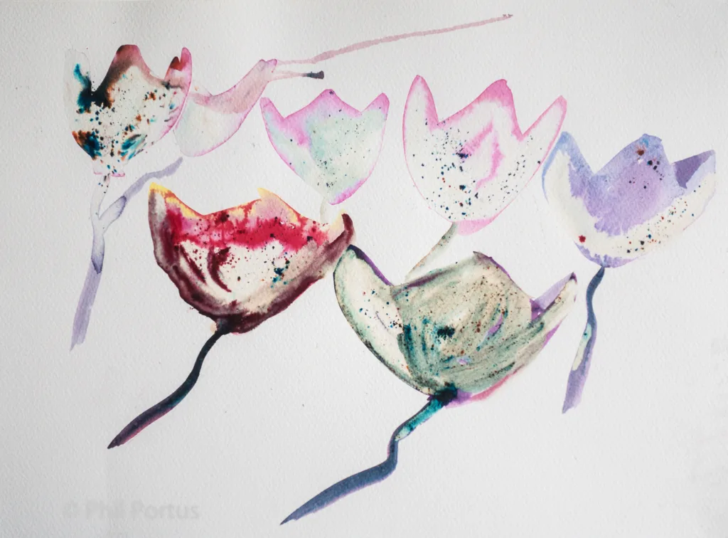 A watercolor painting shows several drooping tulip blooms in shades of pink, red, and purple on a white background.