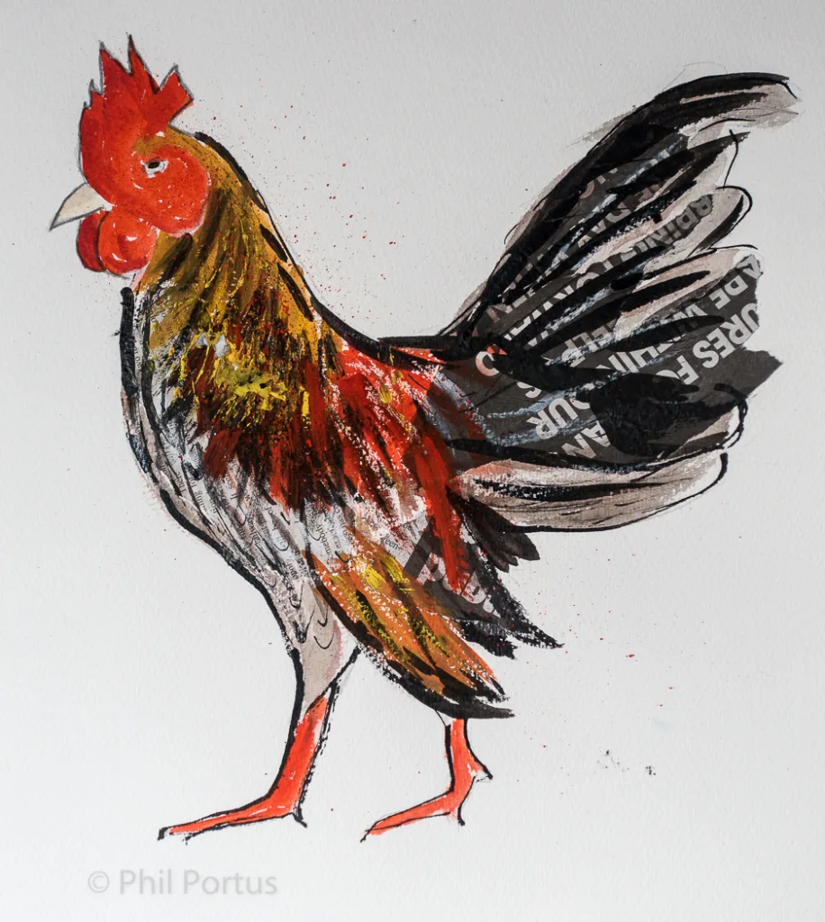A rooster is painted with vibrant colors and text overlaid on its feathers.