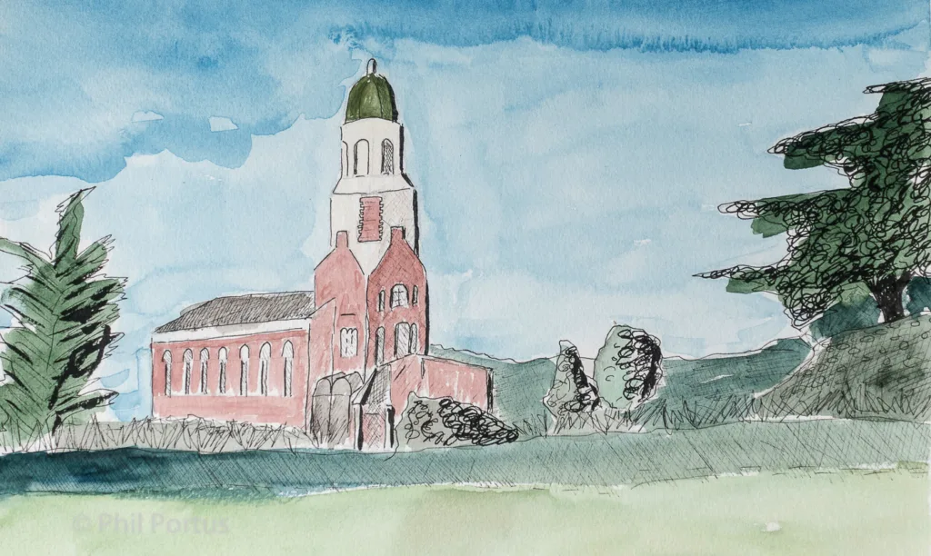 A watercolor painting shows a building with a tall tower under a cloudy blue sky and trees on either side.