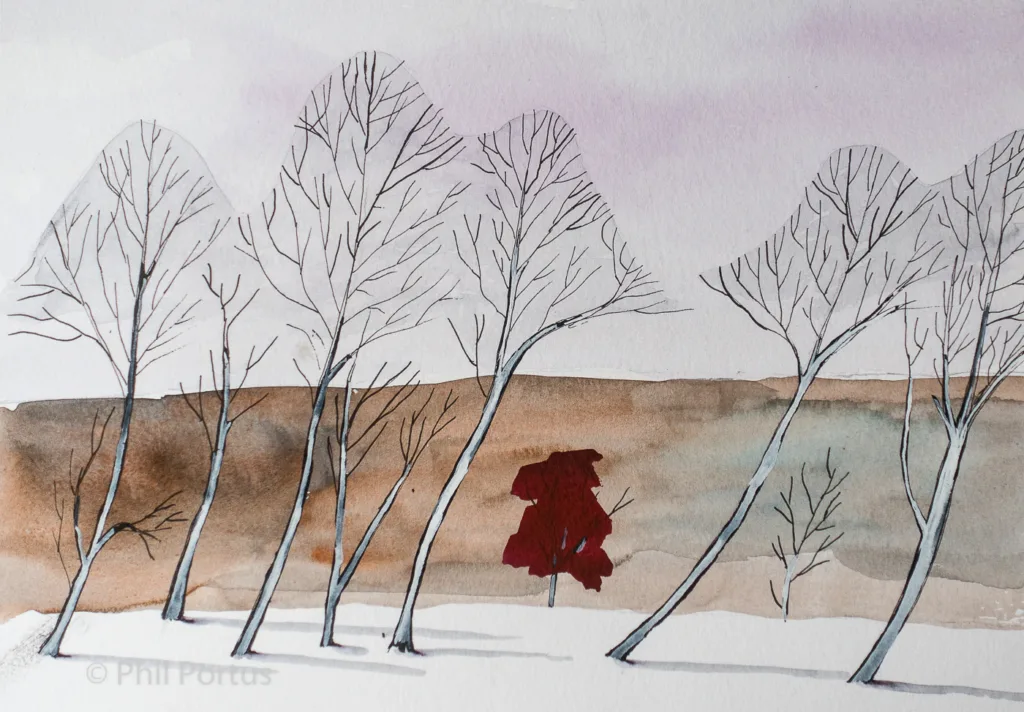 Watercolor painting shows bare trees with a single red tree in a snowy landscape under a muted sky.