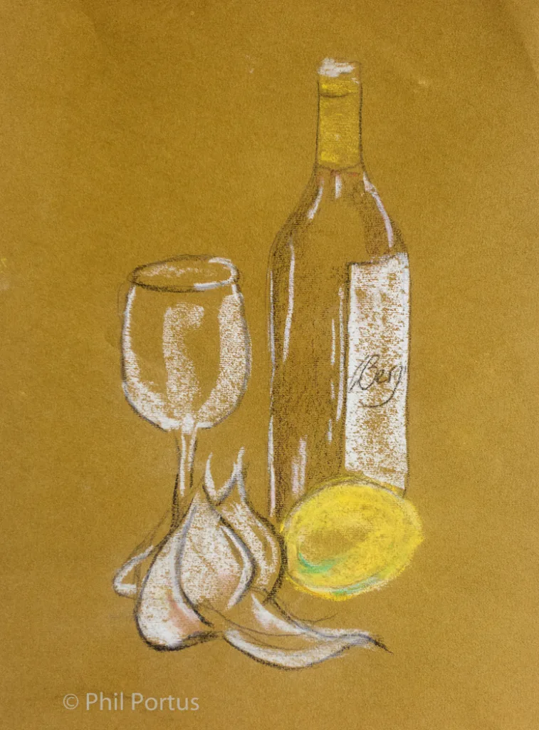 A still life drawing shows a wine bottle, glass, lemon, and draped cloth on a yellow background.