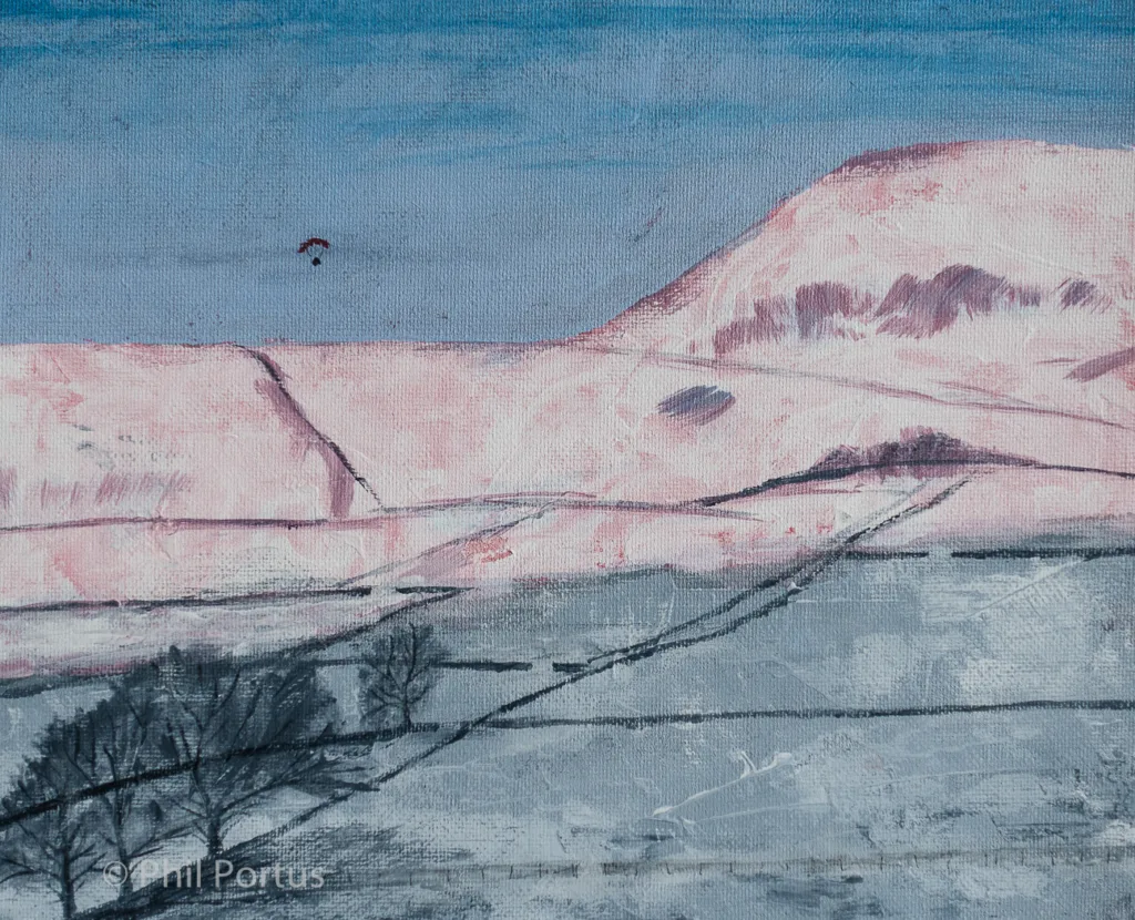 A landscape painting shows rolling hills with a paraglider in the blue sky above.