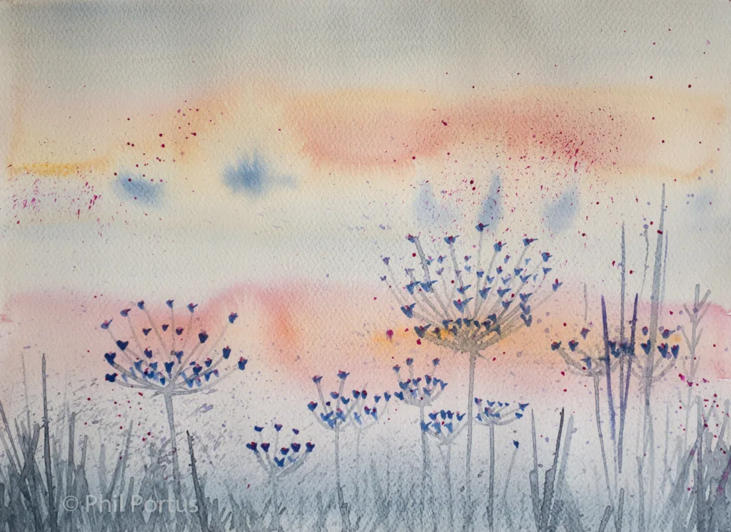 Watercolor painting shows a field of tall plants with round flower heads under a gradient sky.
