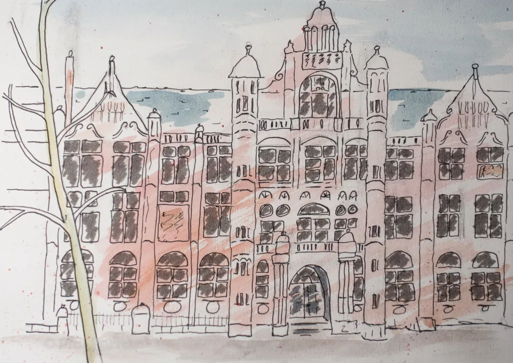 A sketch shows a building with multiple windows and ornate details against a pale blue background.