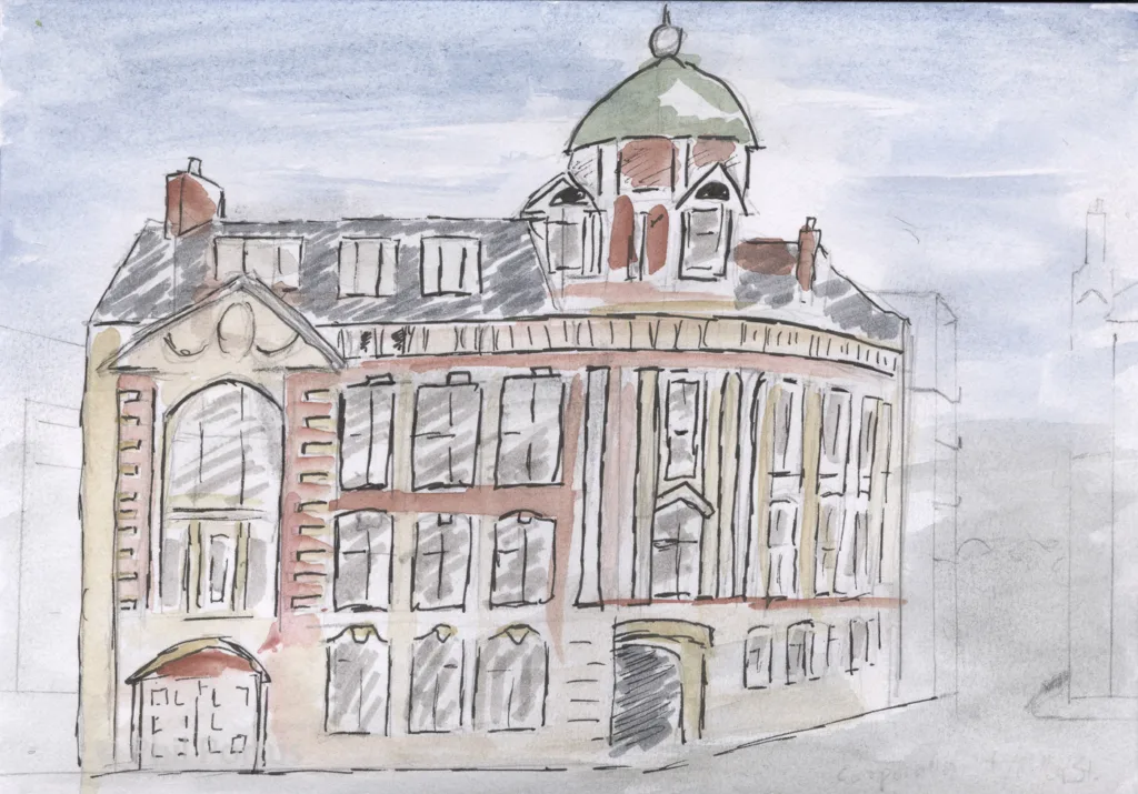 A watercolor sketch shows a large building with multiple windows and a domed roof.