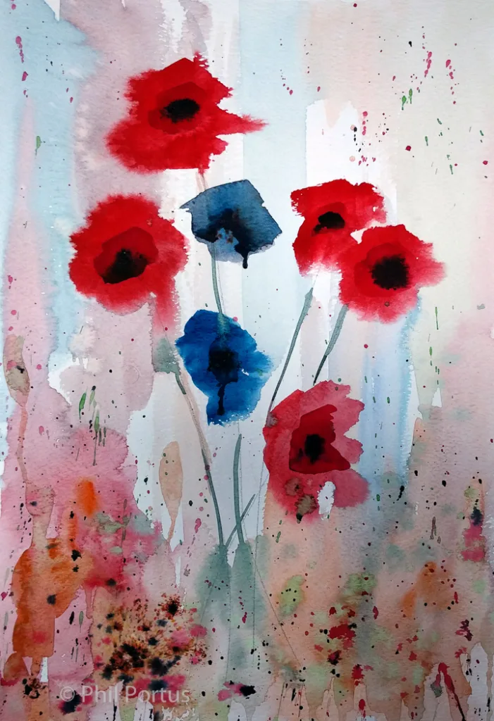 A watercolor painting shows several red and blue poppies with thin stems against a pale pink and white background.
