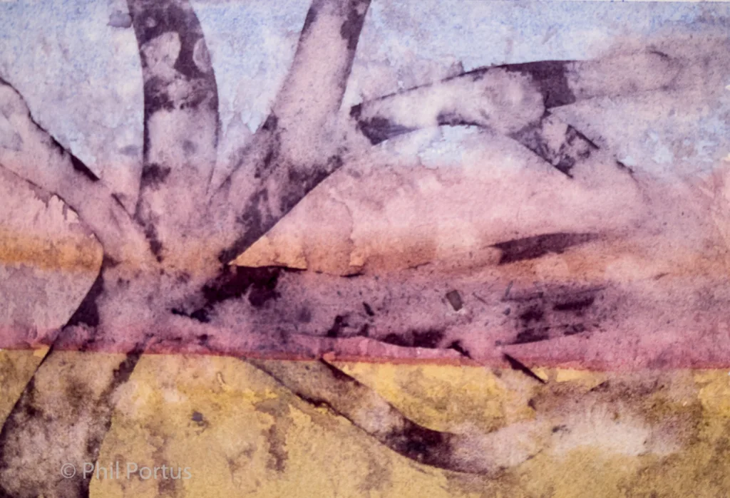 Abstract watercolor painting features washes of pink, purple, brown, and gold with blurred shapes.