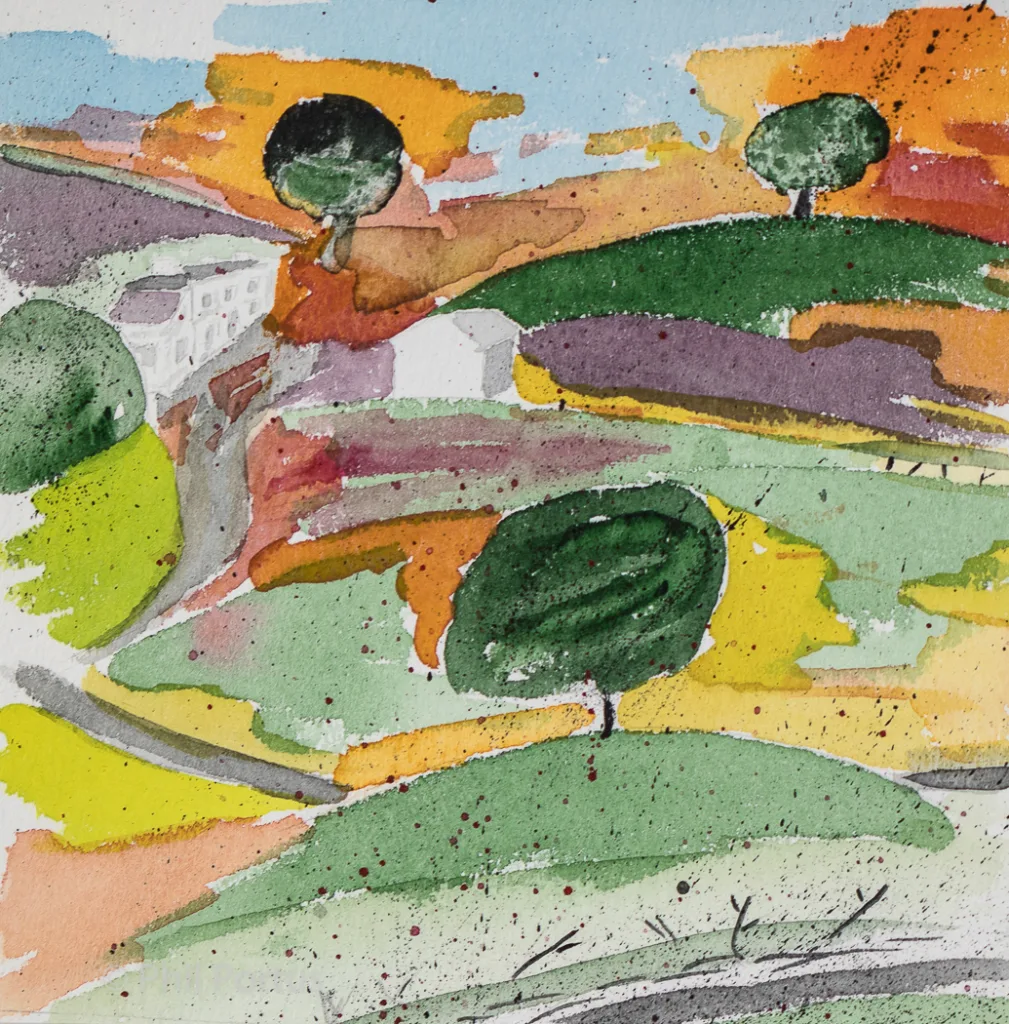 A watercolor painting shows rolling hills with trees and a building in muted colors speckled with dark dots.