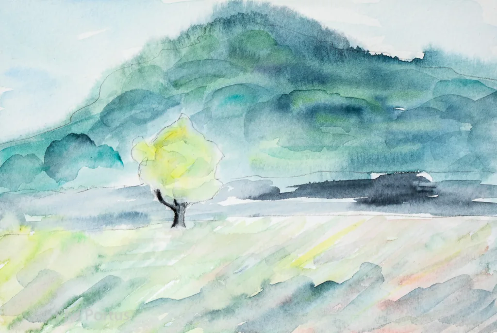 A watercolor painting shows a tree in a field with a hillside landscape behind it.