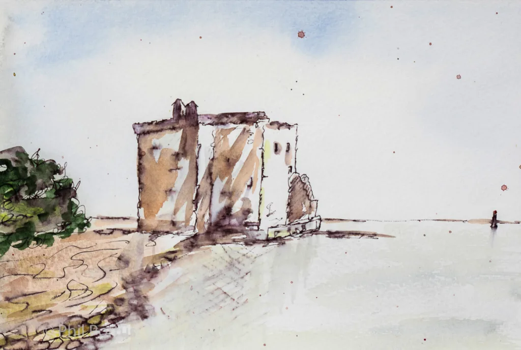 A watercolor painting shows a weathered stone structure partially submerged in water with foliage on one side.