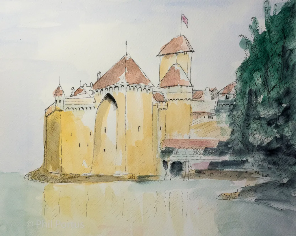 A watercolor painting shows a yellow castle with red roofs situated on the edge of water.