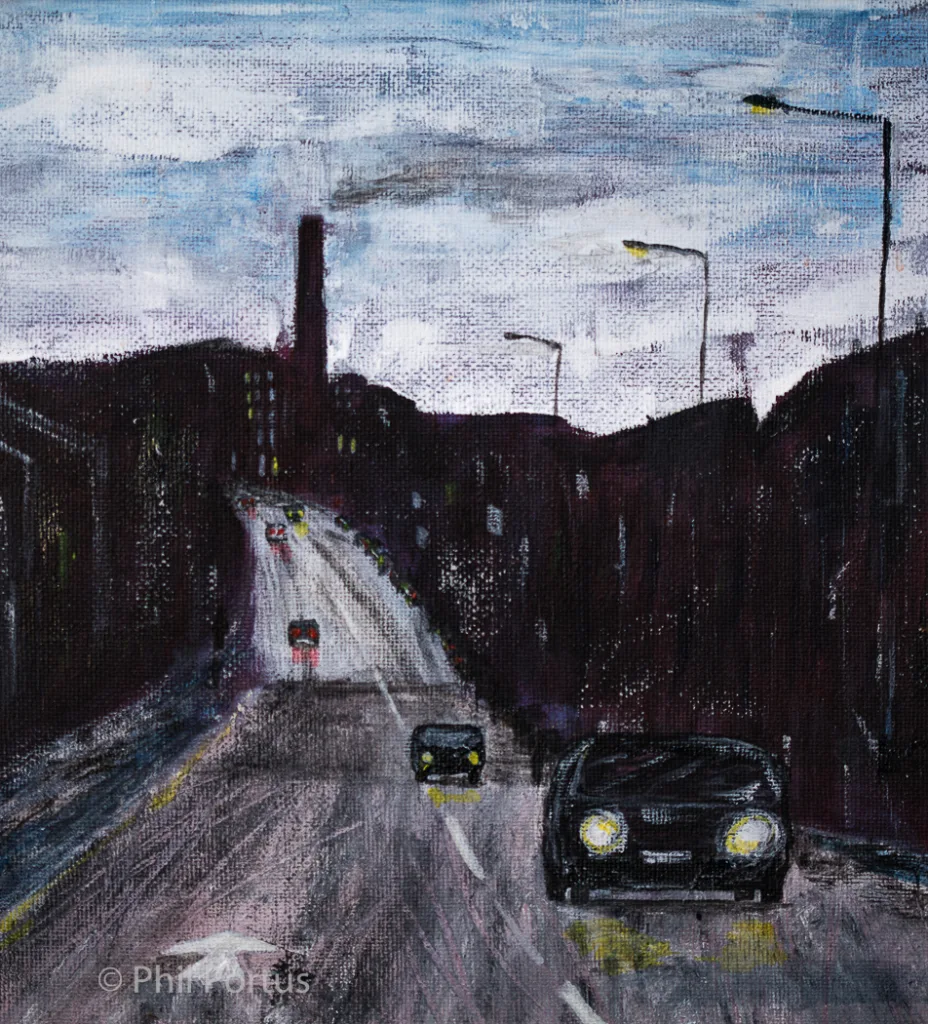 A textured painting shows a road receding into the distance with buildings and a tall chimney on either side.
