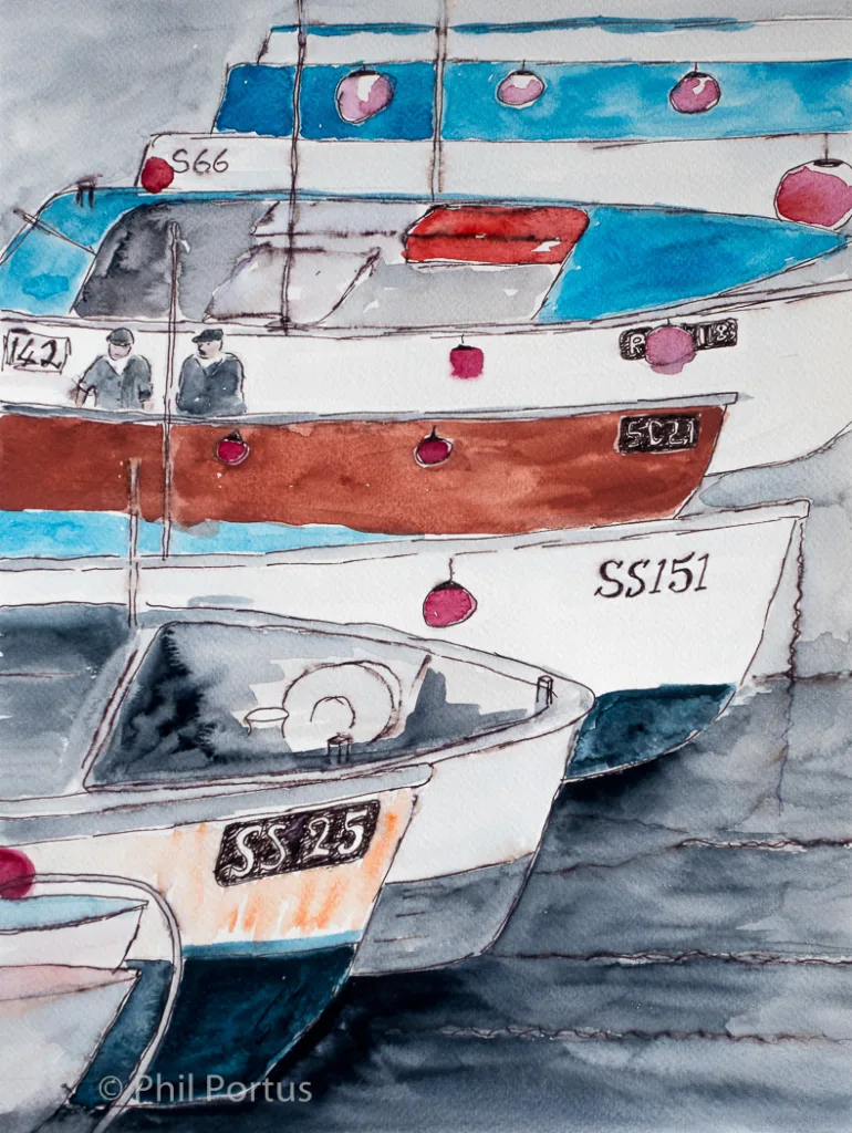 Several vintage boats with numbers painted on their hulls are clustered together in a watercolor style illustration.