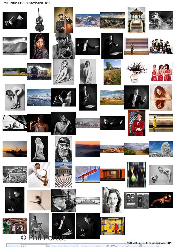 A grid of small black and white and color photographs is arranged on a page with text at the top and bottom.