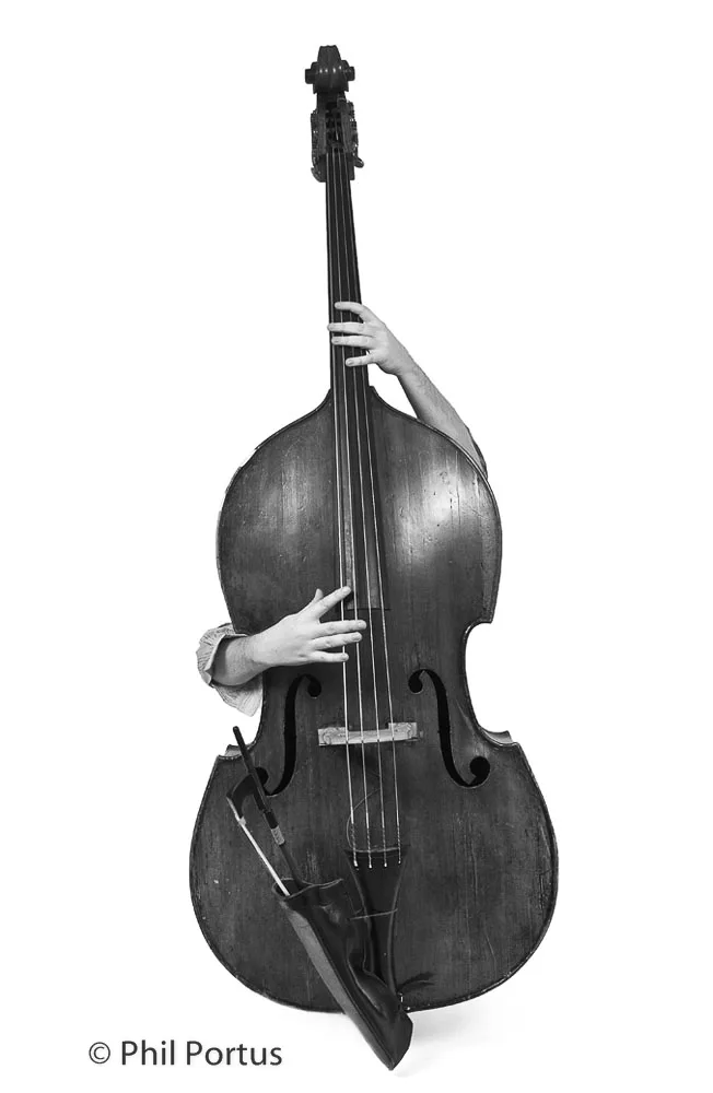 A black and white image shows a double bass with hands positioned on its neck and body.