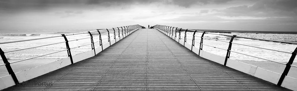 A long wooden pier extends into a cloudy sky over the ocean.