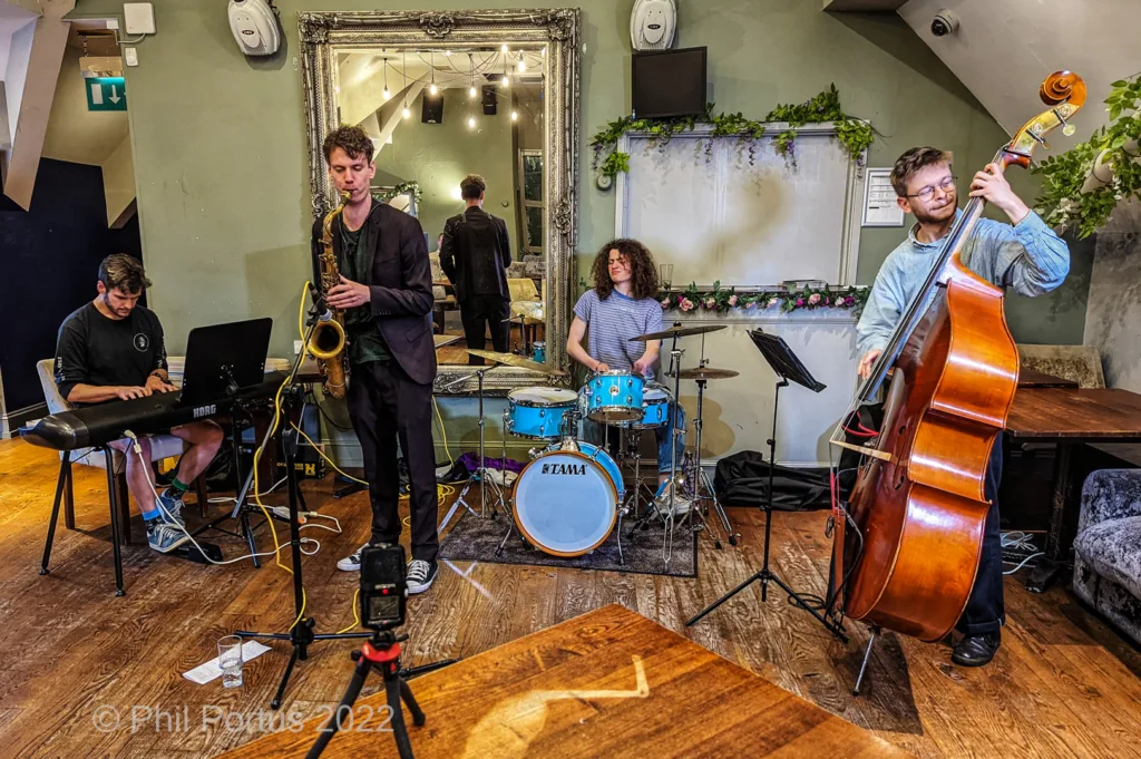 Four musicians perform on a wooden stage in a room with dark walls and decorative greenery.