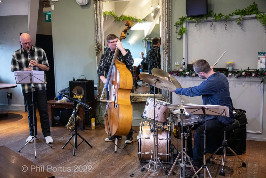 Three musicians perform on a wooden stage with a large mirror and greenery in the background.