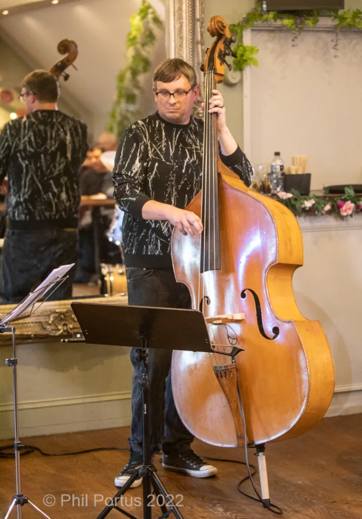 A musician stands playing a double bass in an interior space with decorative plants and mirrors.