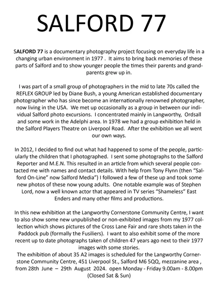 Black and white text on a light background details an exhibition about Salford.