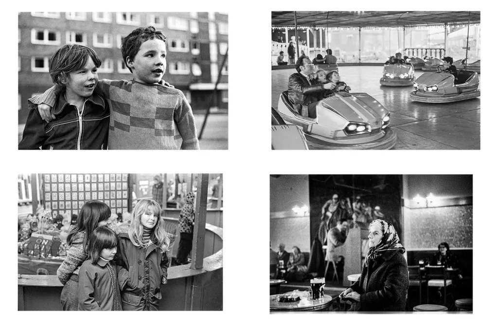 Four black and white images are arranged in a grid showing people at an amusement park.