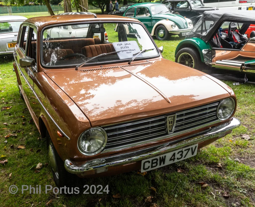 A brown vintage car with a "For Sale" sign sits on grass surrounded by other classic vehicles.