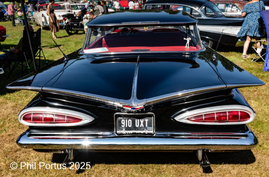A black car with prominent tail fins and a license plate sits on green grass at an outdoor event.